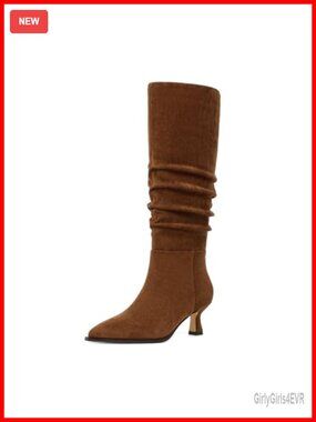 Kitten Heel Knee High Boots Pointed Toe Faux Suede Slouchy Zip